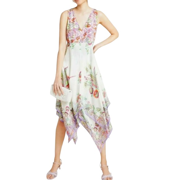 ANTHROPOLOGIE Analise Floral Midi Dress Bird Print Handkerchief Hem, size 2 - Picture 8 of 8